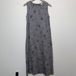 Studio Ease Women 100% Linen Maxi Jumper Dress 10 Gray Floral Indie Grunge